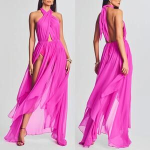 Retrofete Ina Silk Chiffon Dress Halter Neck Open Back Bodysuit SZ M NWT